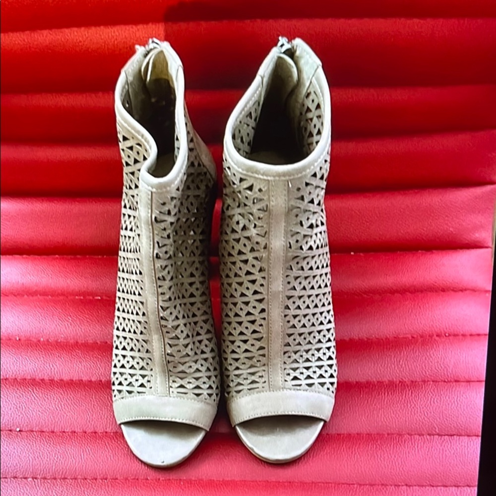 Cream Heeled Boots with Rhinestone Embellishments